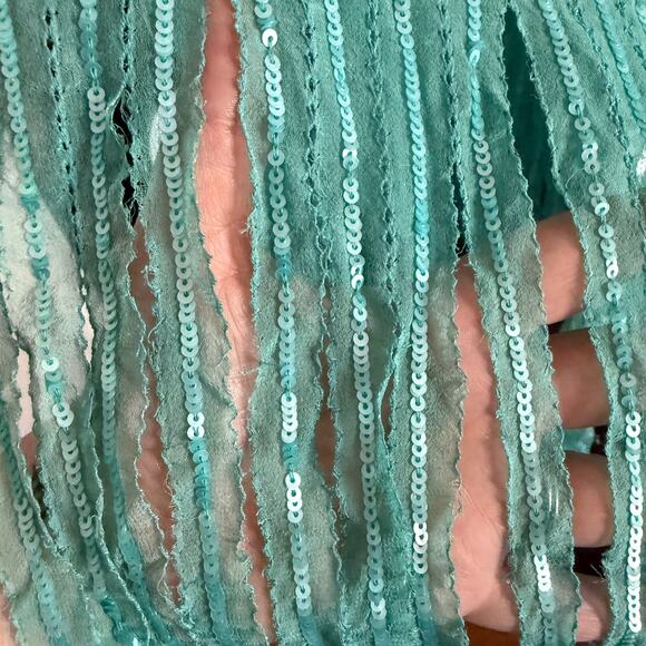 BAYAA | Silk Chiffon Teal Hand Dyed Sequin Fringe Trim Scarf - BNWT - Picture 3 of 7